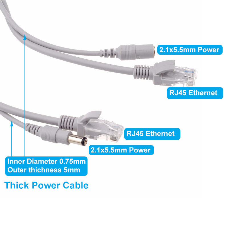 Cabo de Rede com DC Thick Power, Extensão Integrada, Fios Ethernet para Câmera IP, NVR, rj45, 12V, 2.1x5.5mm, CCTV, 5m, 10m, 20m, 30m