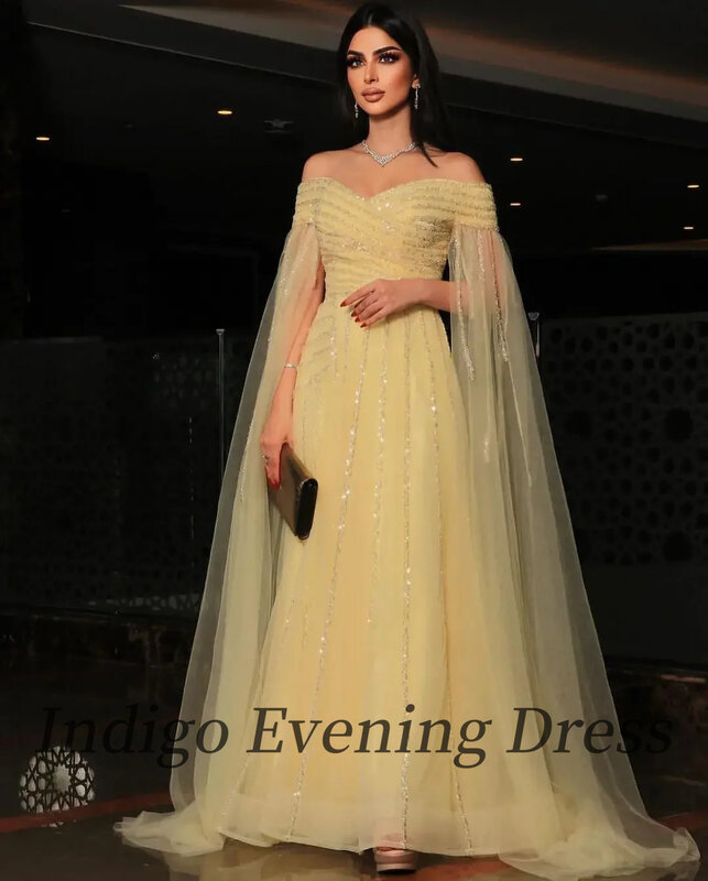 Gaun Prom kain Tule kuning Indigo V Neck Off Shoulder jubah panjang gaun acara Formal mewah wanita 2024 vestidos de noche