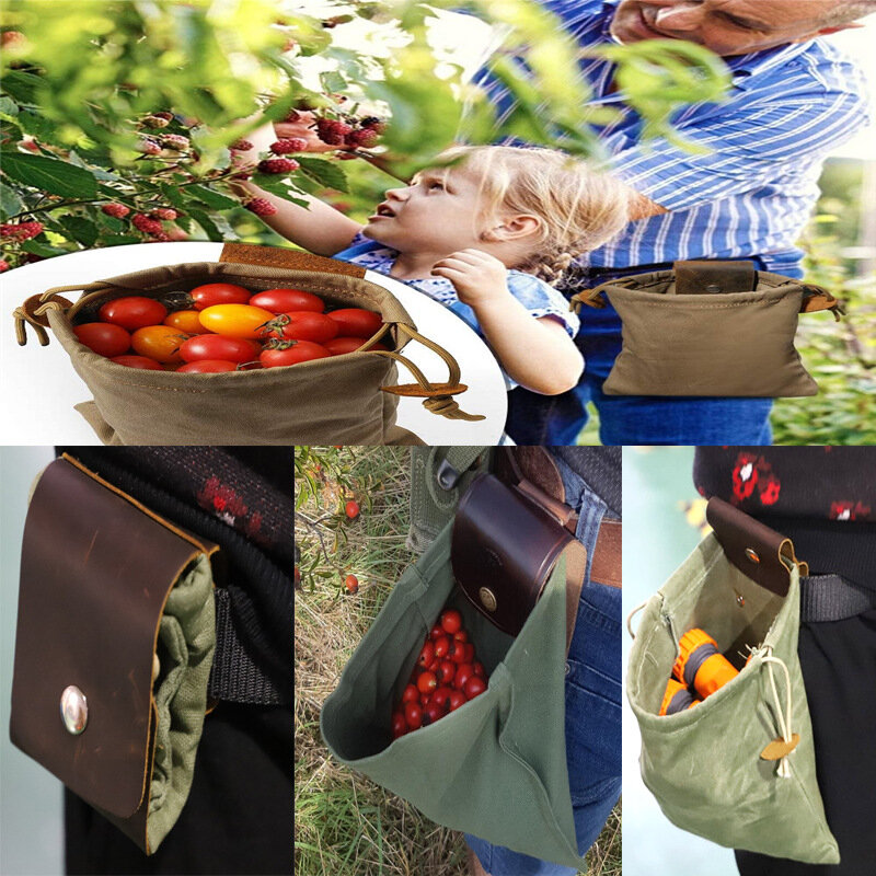 Bolsas de recolección de fruta para jardín, delantal para cosechar y desherbar, bolsa de lona para forrajear al aire libre con cordón plegable