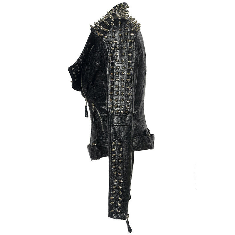 SUSOLA-Chaqueta de cuero sintético con remaches de hombro para mujer, abrigo corto con cremallera y costuras, ajustado, estilo Rock