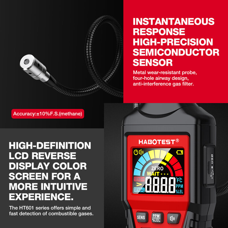 HABOTEST HT601 Natural Gas Detector Combustible Gas Leak Detector Locating The Source of Methane Propane Sound & Screen Alarm