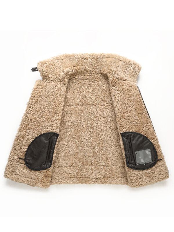 Jaket kulit domba asli pria, mantel terintegrasi kerah pendek bulu domba untuk musim dingin 2023