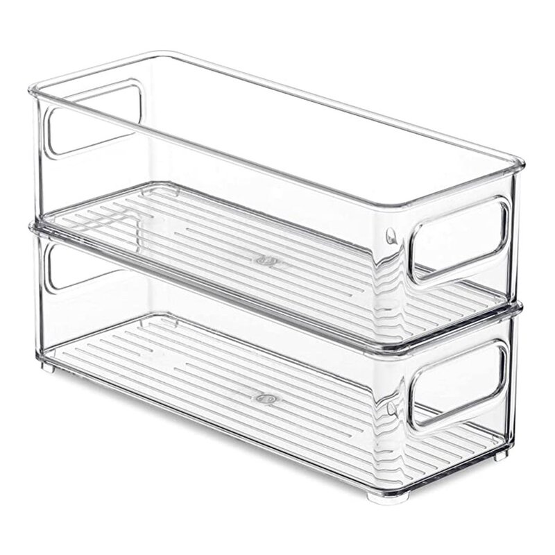 Kitchen Refrigerator Stackable Plastic Food Storage Bins Organizer With Handles For Pantry Cabinets Clear Food Storage Rack