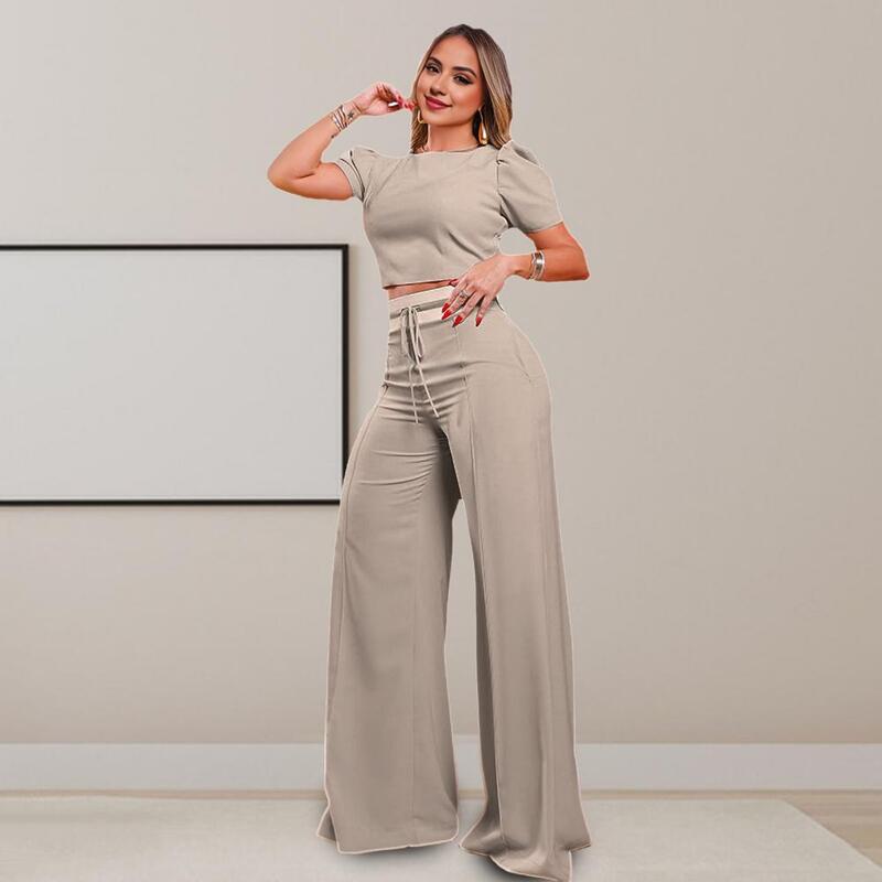 Women Office Attire Chic 2-piece Crop Top Pants Set Bubble Sleeve Round Neck Top Wide Leg Drawstring Trousers Ol for Style