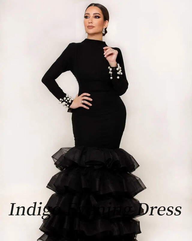 Платье для выпускного вечера цвета индиго, с высоким воротником, в пол, с жемчужинами, Многоярусное сексуальное бальное платье с открытой спиной, женское официальное платье, 2024