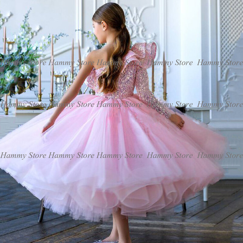 Urocza suknia balowa dziewczęca sukienka w kwiaty musujące jedno ramię Ruffles cekiny tiul dziewczęca suknia wieczorowa pierwsza komunia sukienki