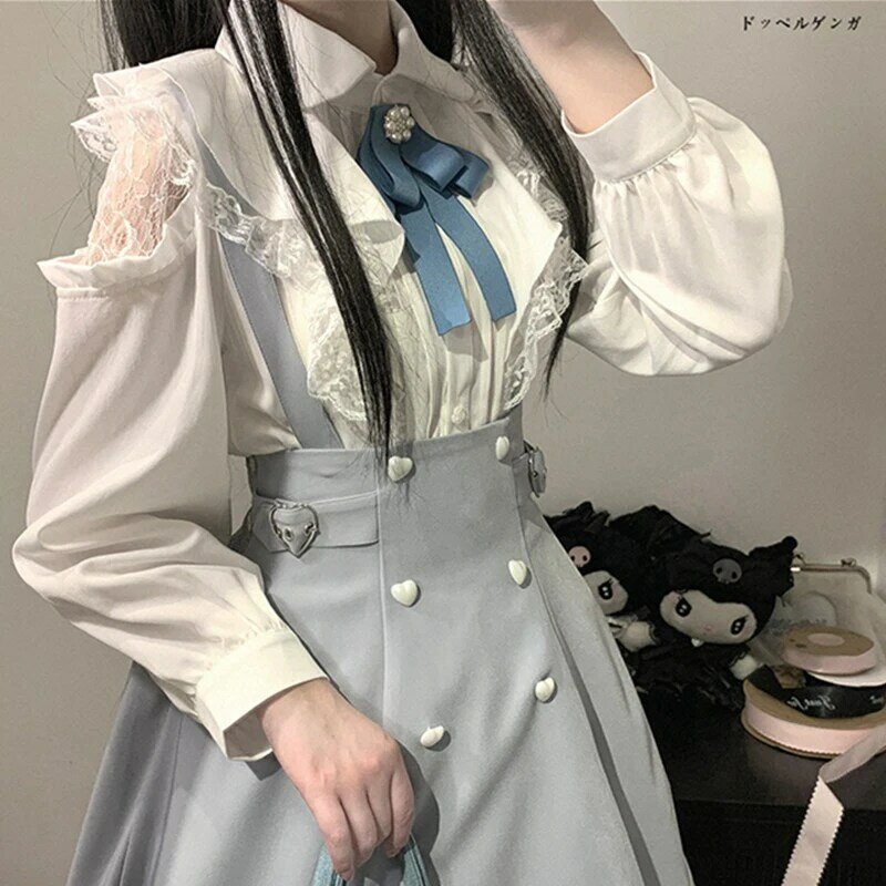 Kawaii camisas femininas lolita y2k bonito estilo japonês blusa elegante manga longa doce tops casual escritório senhoras camisa estética