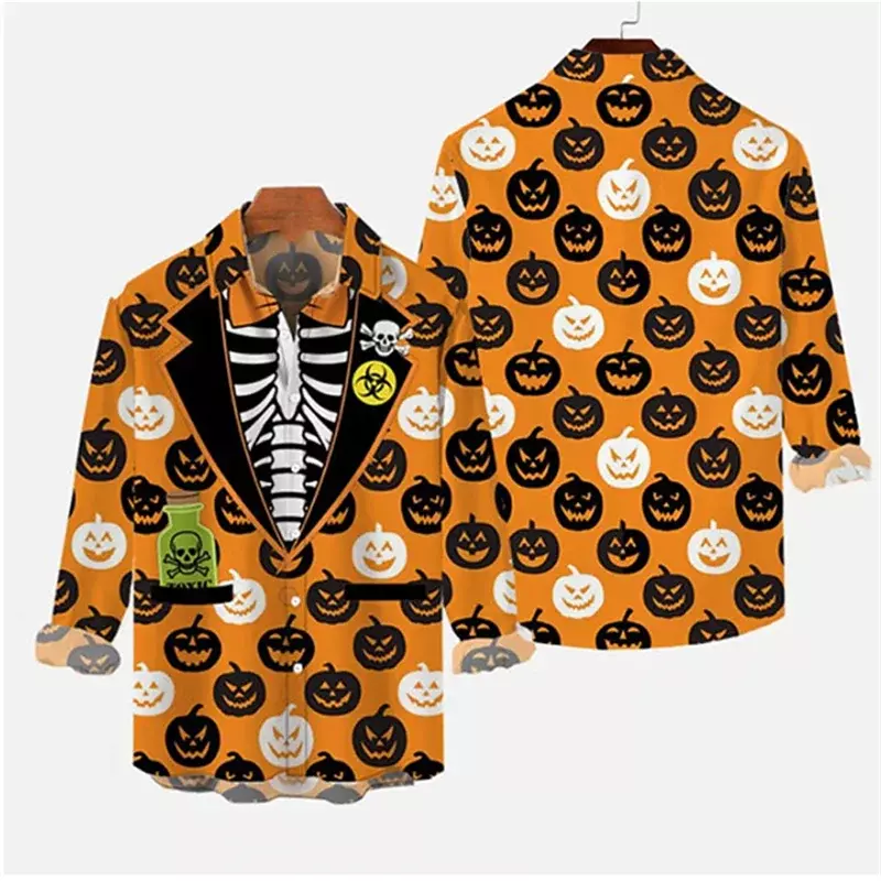 Halloween Shirt Pumpkin Vintage Button Soft Comfortable Breathable Casual Gift Men Fashion Suit Tie Skull Shirt T-Shirt 2023