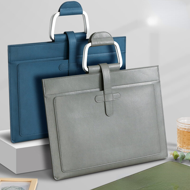 ペーパーポータブルレザーファイルバッグ、厚みのあるボタン、防水、ビジネス、オフィスドキュメントストレージ管理、ファッション