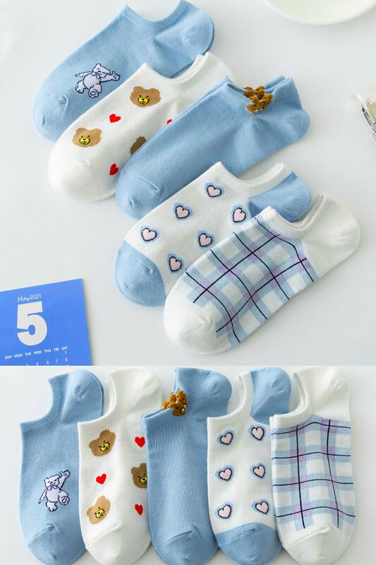 5 pares de meias femininas meias curtas de algodão com estampa de coração azul meias de tornozelo da moda novas meias fofas respiráveis ​​meias de verão