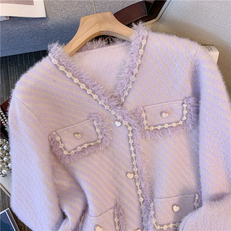 女性用パープルニットカーディガン,韓国風セーター,秋冬服
