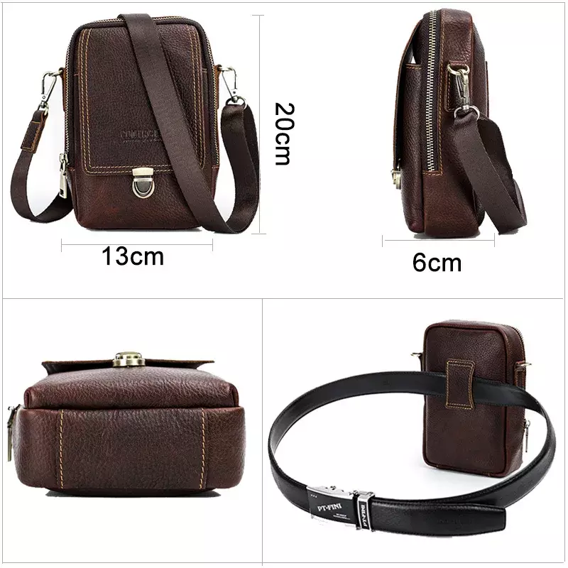 Men's Waist Packs Casual Retro Soft Genuine Cow Leather Cross Belt Hasp Mobile Pocket Shoulder Bag