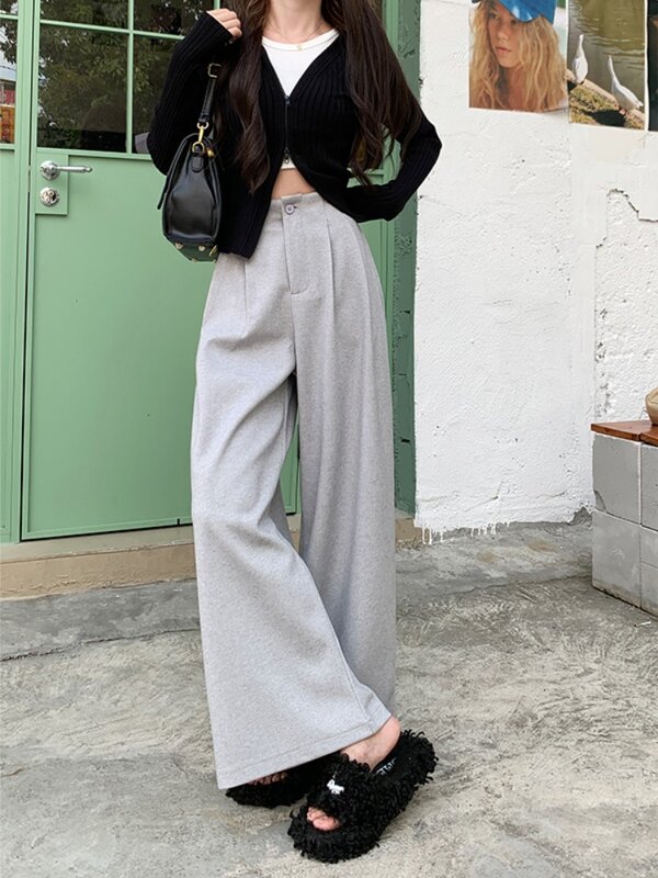 High Waisted Casual Suit Pants Women In Autumn Solid Black White Small Stature Loose Fit, Wide Leg Pants Women