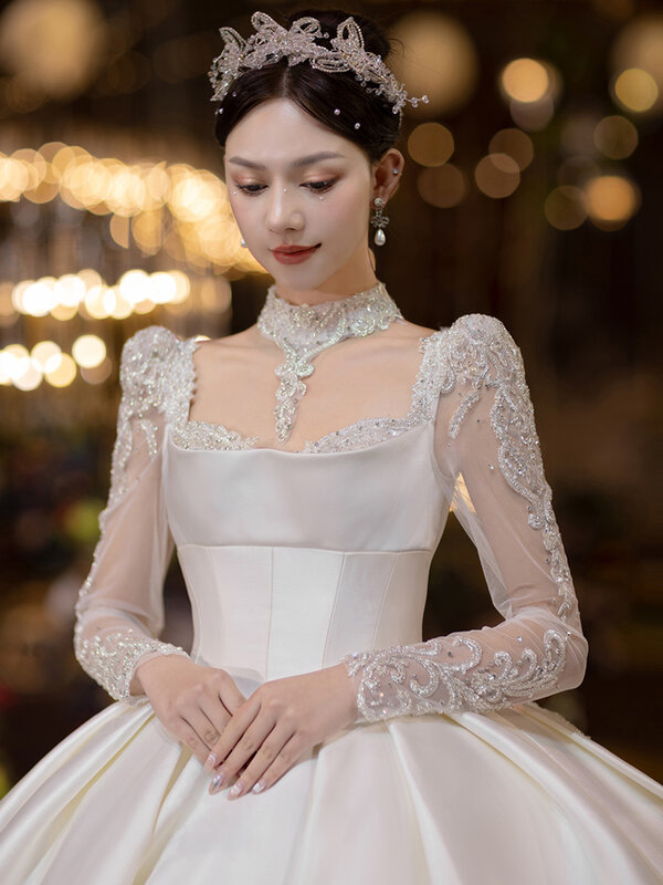Vestido de casamento francês cetim vestido de noiva manga comprida, indústria pesada, alta textura, novo, 2023