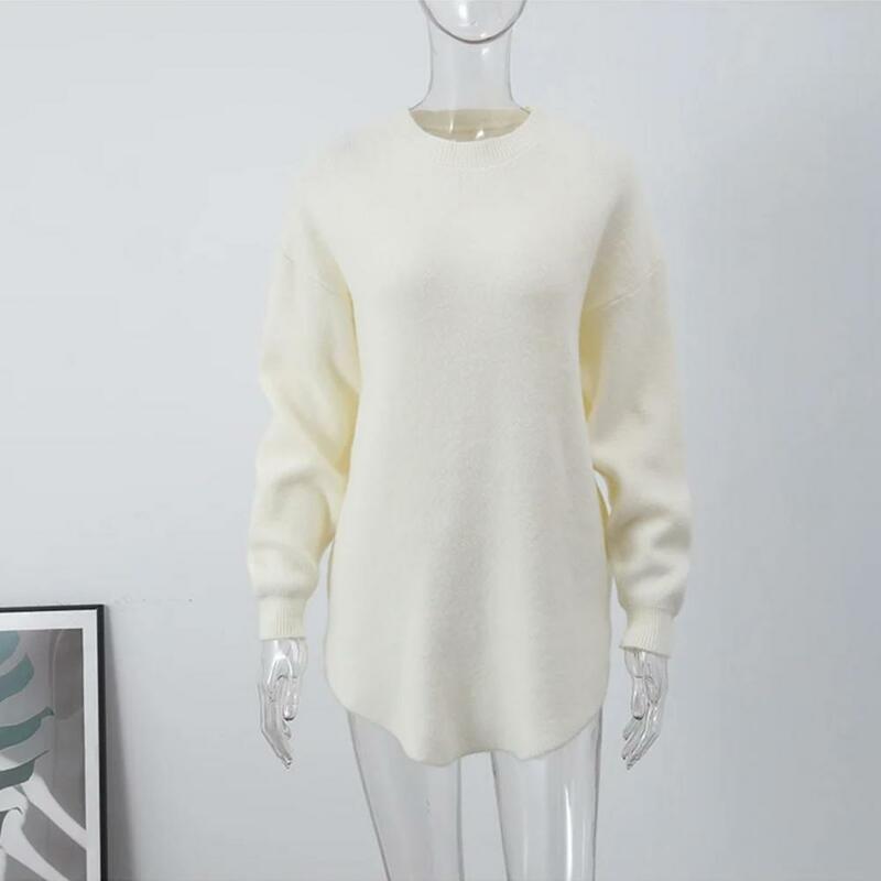 Thick Lady Top Cozy Mid-length Solid Color Sweater for Women Loose Fit Round Neck Pullover with Irregular Hem Thick for Women