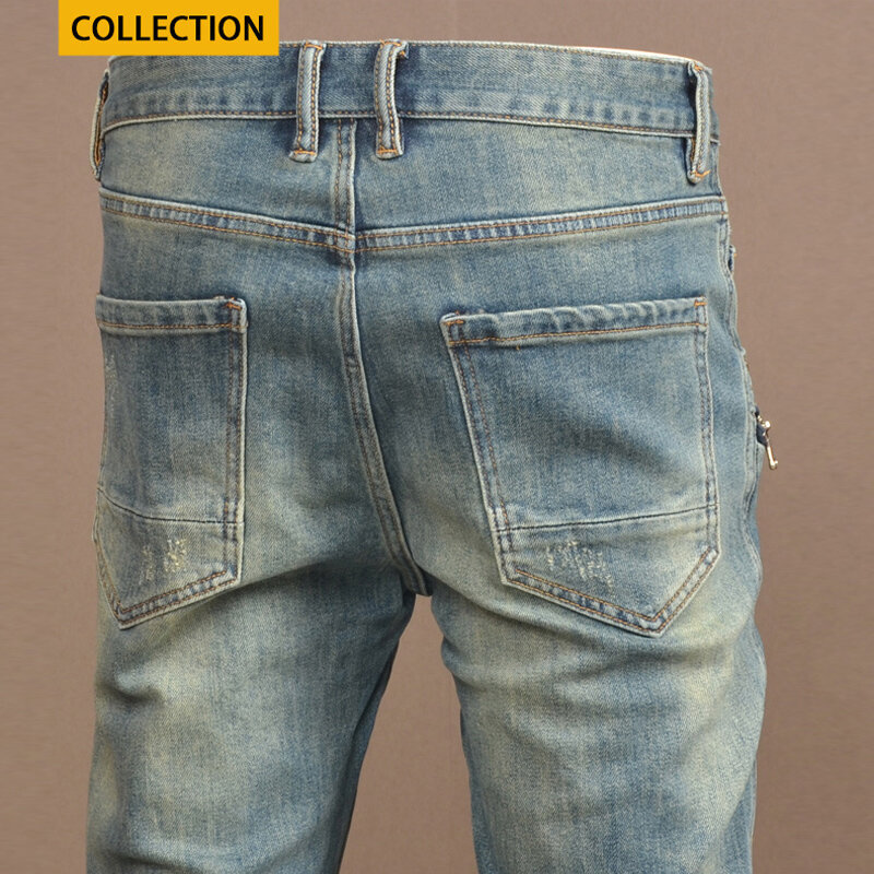 Уличные модные мужские джинсы в стиле ретро, потертые синие Стрейчевые облегающие байкерские джинсы со сращением, мужские дизайнерские джинсы на молнии в стиле хип-хоп