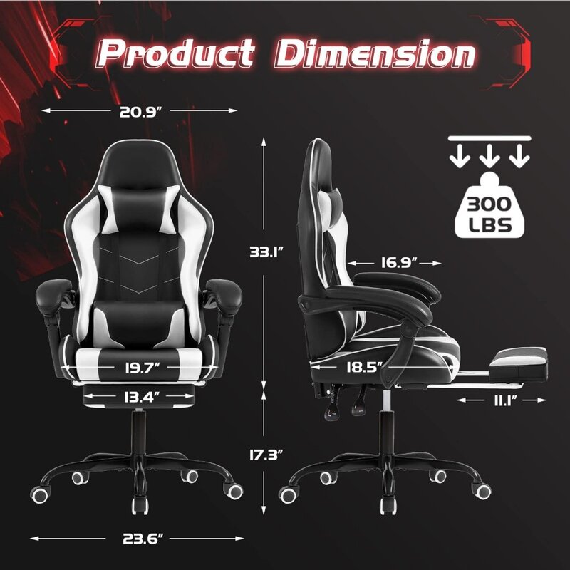발받침 및 마사지 요추 지지대 장착 게이밍 의자, 비디오 게임 의자, 360 ° 회전 및 높이 조절 가능 시트
