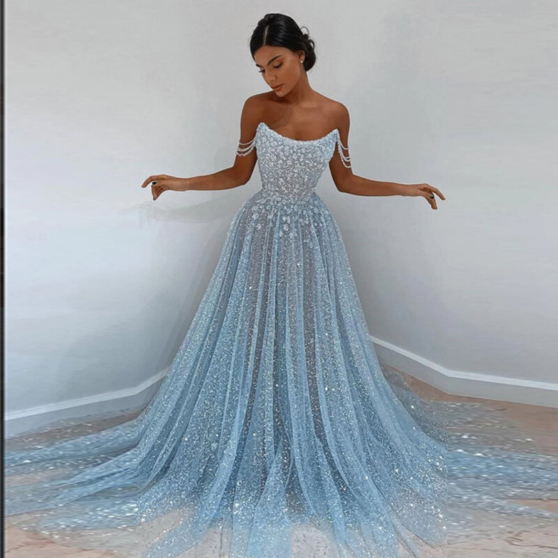 Beautiful Evening Dresses For Women Sexy Off Shoulder Sleeveless Luxury Fluffy Princess Style Simple Mopping Party Prom Gowns