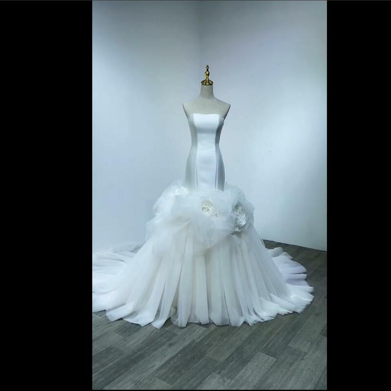 Immagine reale abito da sposa a sirena fiori fatti a mano abiti da sposa senza spalline abiti da sposa a strati su misura