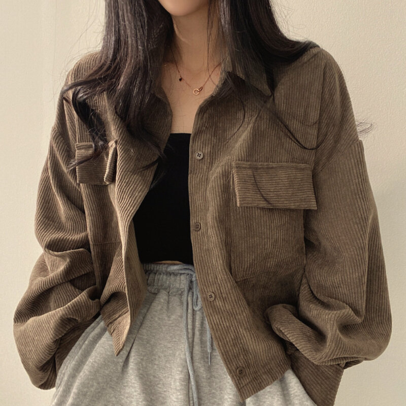 Jaket Wanita Crop Korduroi Mantel Streetwear Antik Harajuku Longgar Korea Atasan Jaket Wanita Mode Musim Semi Musim Gugur