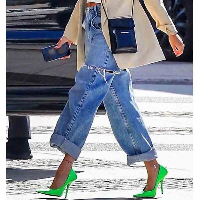 Fancyicchic 2020 Celana Jeans Lurus Robek Wanita Celana Longgar Lubang Potong Pisau Kasual Celana Panjang Denim Retro Jalan Pinggang Tinggi Wanita