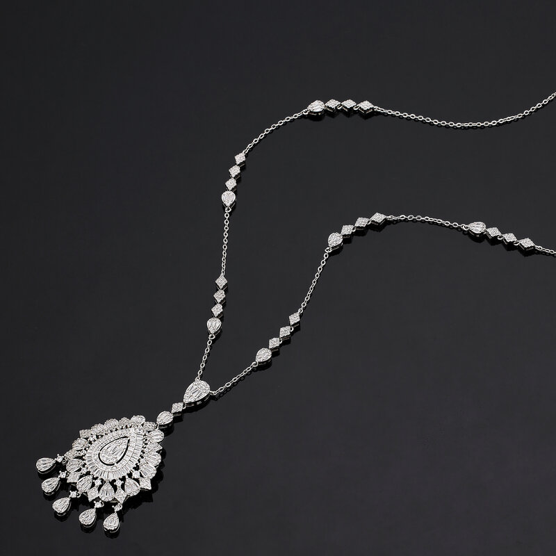 Conjunto de joias de duas peças para casamento nupcial, colar longo, suéter, Dubai, Saudi, CZ, nova moda, 2024
