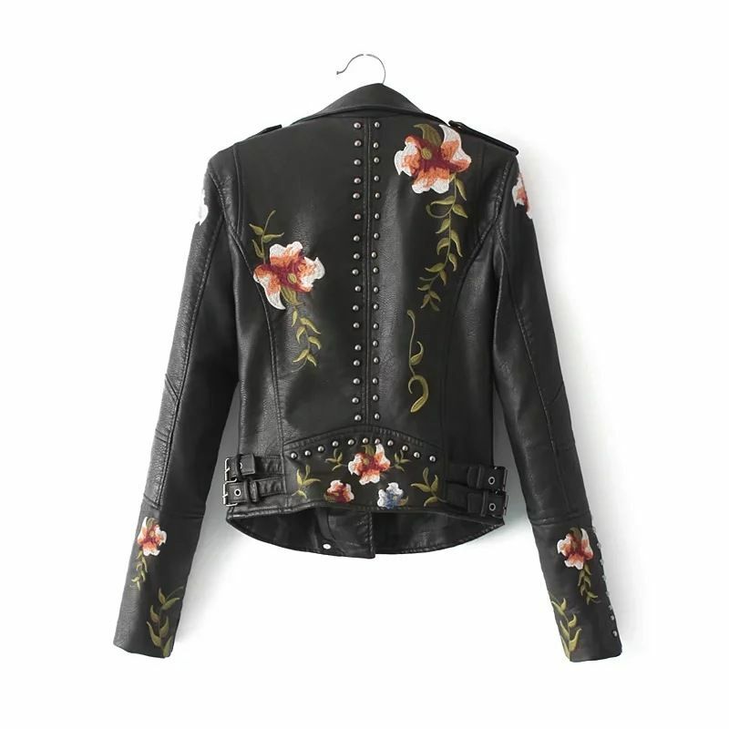 Spring Autumn Casual Flowers Embroidery Pu Leather Short Jacket Women Turn-down Collar Rivet Zipper Moto Biker Coats Tops Clothe
