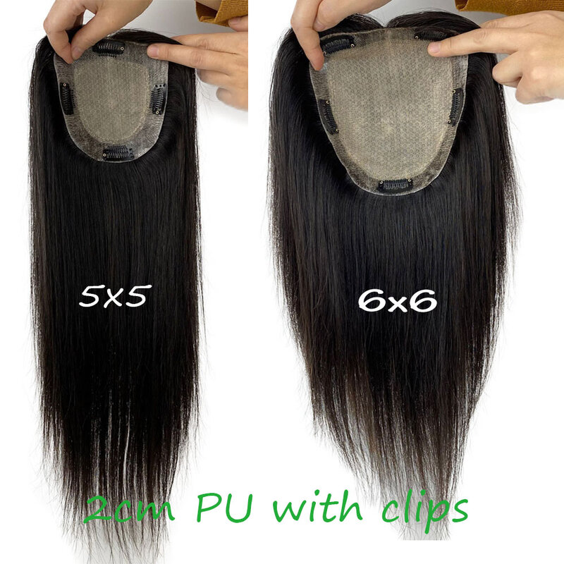 Topper de cabelo humano virgem feminino com franja, base de couro cabeludo completa, peça de toupee, reto com clipes e PU ao redor, 2cm, PU ao redor