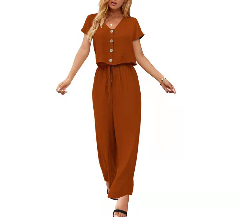 Women's Summer Set Fashion Solid Color New Short Sleeve Button Top Loose Tie Pants Casual Set