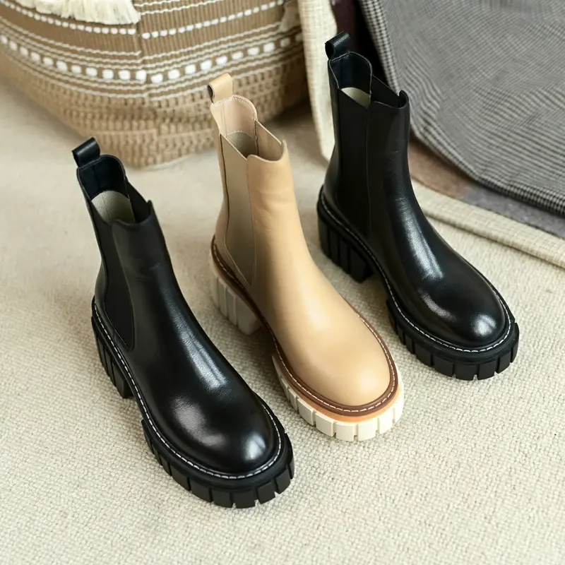 Bottines en cuir naturel pour femmes, 22-2021 cm, chaussures en cuir de vache, automne et hiver, fond moulé, Chelsea, 2 couleurs, tendance 24.5