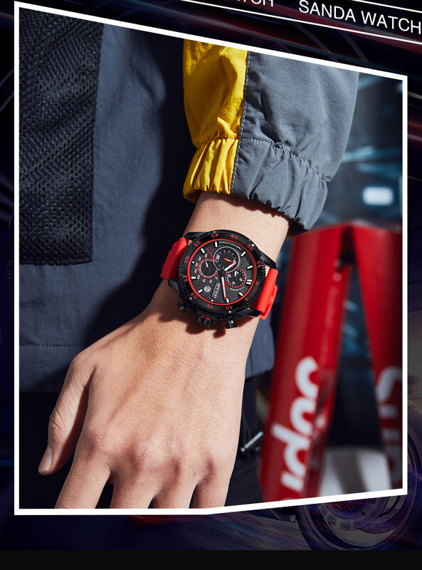 SANDA-Relógios esportivos masculinos, cronógrafo luminoso impermeável, relógio de quartzo com data automática, pulseira de silicone, marca superior, moda