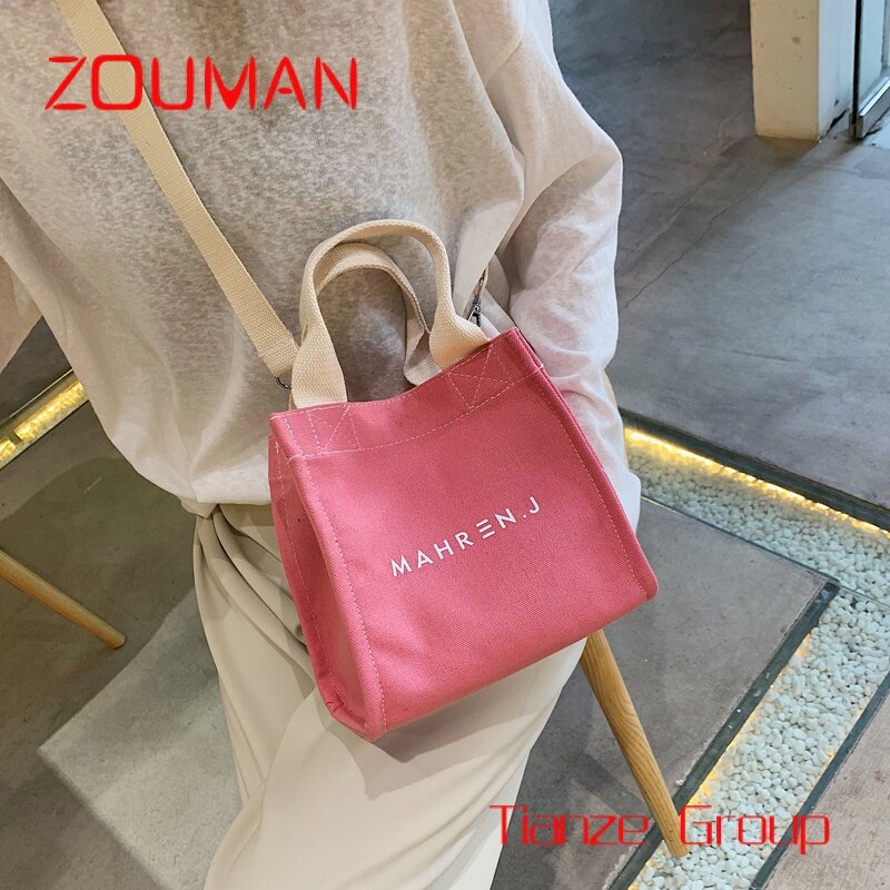 Großhandel kleine Frau rosa Baumwolle Leinwand Einkaufstasche Umhängetasche mit individuell bedruckten Logo