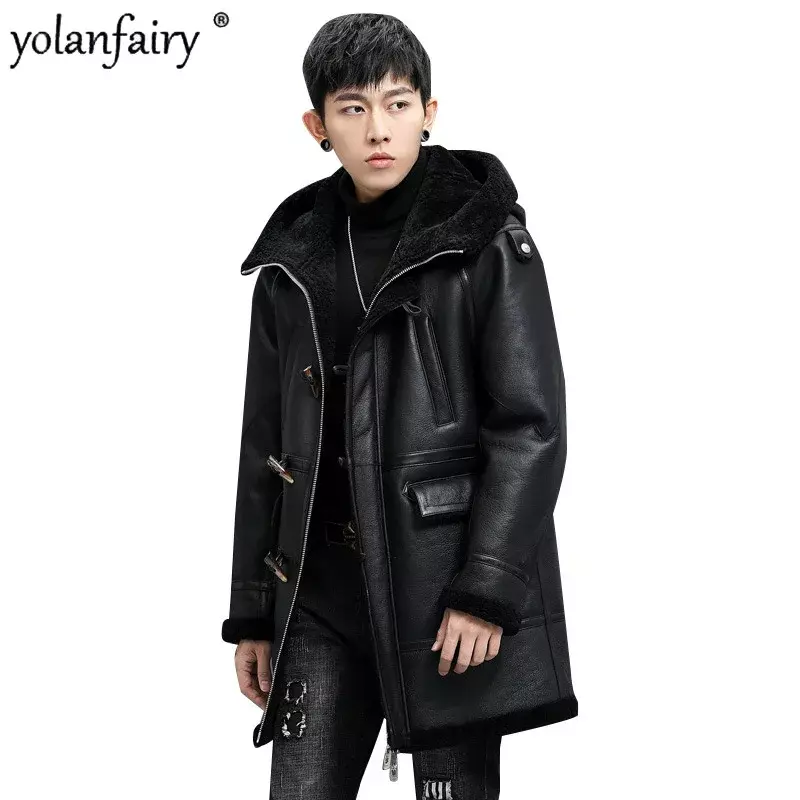 Winter Natural Fur Coat Men's Mid Long Hooded Original Genuine Leather and Fur Integrated Jackets for Men Fur Clothing Warm Tops