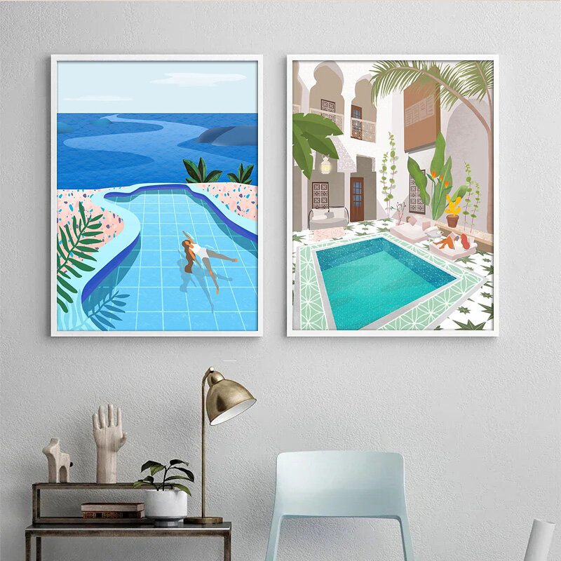 Nordic maroko plakat z podróży basen drukowany obraz malarstwo malarstwo na płótnie nowoczesny letni obraz ścienny dla dekoracje do domu