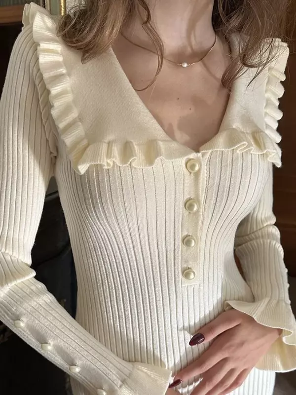 Taruxy hohe Taille gekräuselte Maxi kleider für Frauen Herbst Winter gestrickt schlanke lange Kleid Frauen Vintage Kleid Frau Retro elegant