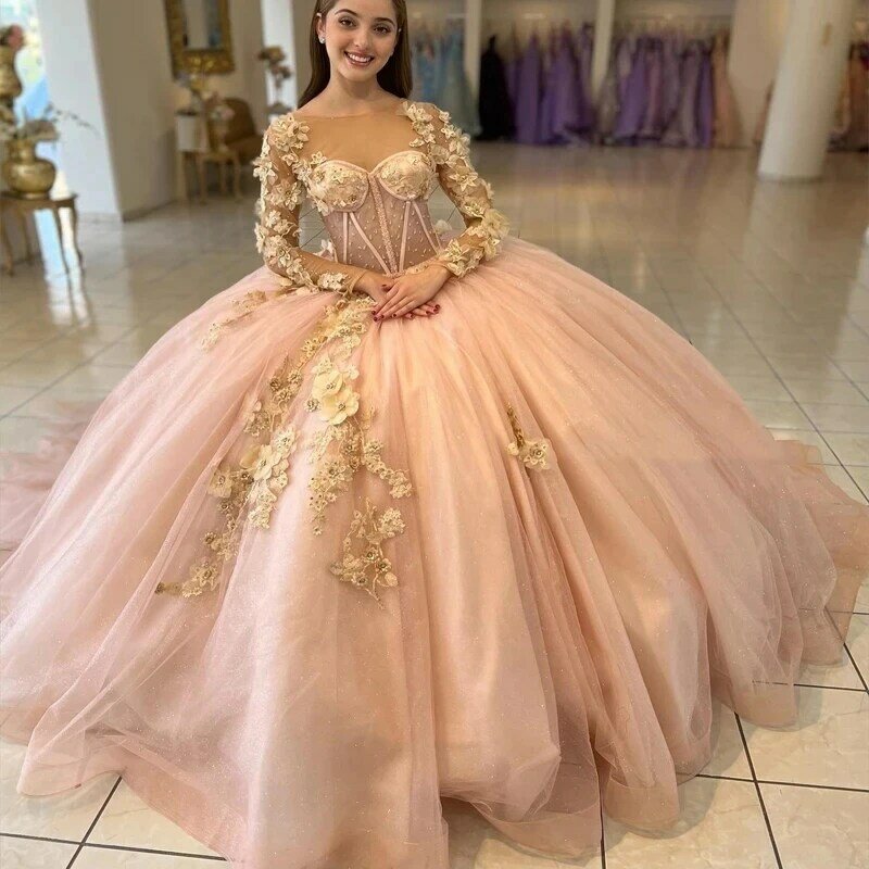 Vestidos Princesa Quinceanera, Apliques de tule, Mangas compridas, Sweet 16 Ball Gown, 15 Años Mexican Ball Gown