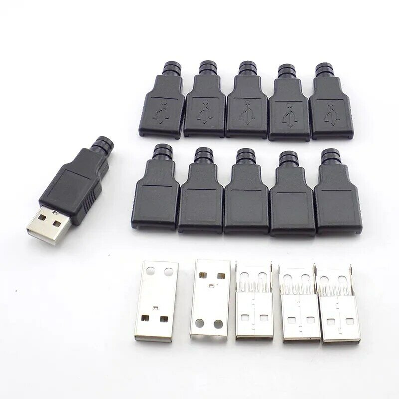 Conectores USB masculinos com tampa de plástico preta, tipo A Plug, 4 Pin Solder, USB Socket, DIY Connector, 5V, 1.5A-2A, 10Pcs