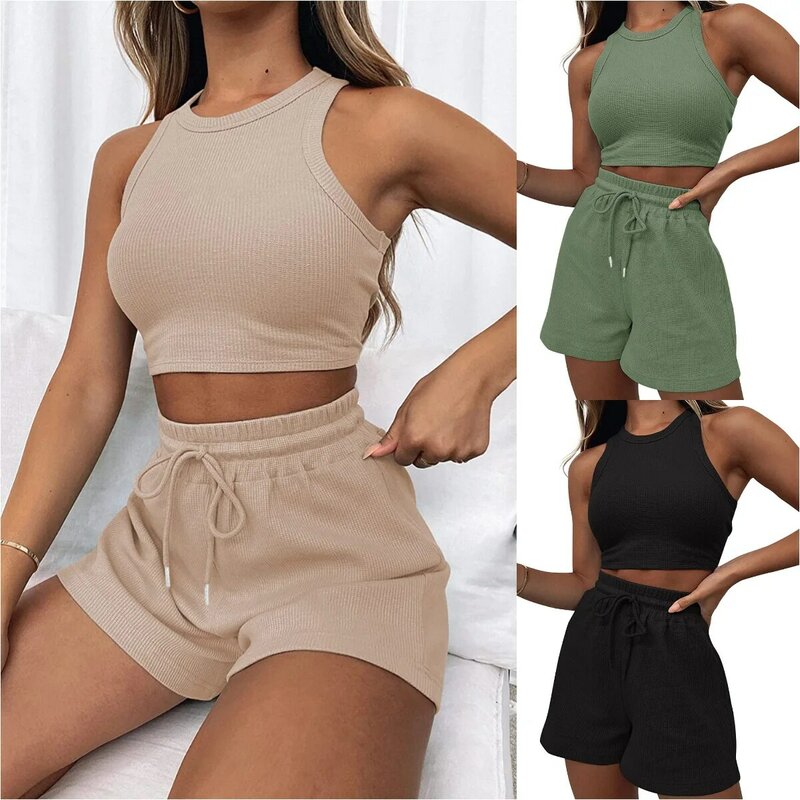 Summer Shorts Set 2024 Women's Two-piece Drawstring Sleeveless Solid Color Tank Top Shorts Casual Home Wear Two-piece Set