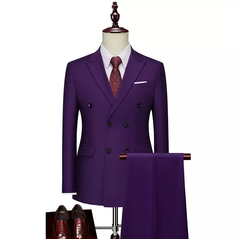 Blazers chaqueta pantalones vestido de banquete de moda para hombre, traje de negocios de doble botonadura, abrigo de Color sólido