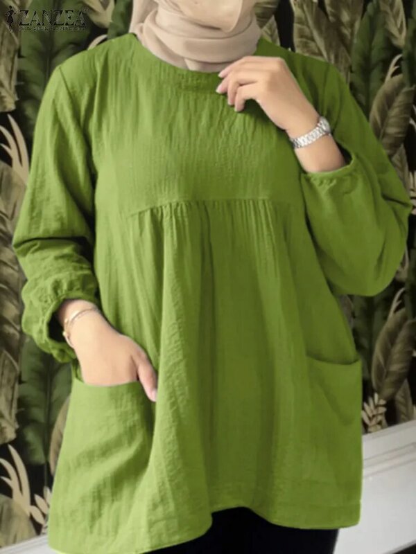 Винтажная Осенняя Женская однотонная блузка ZANZEA, Повседневная Свободная рубашка с длинным рукавом, женская блуза