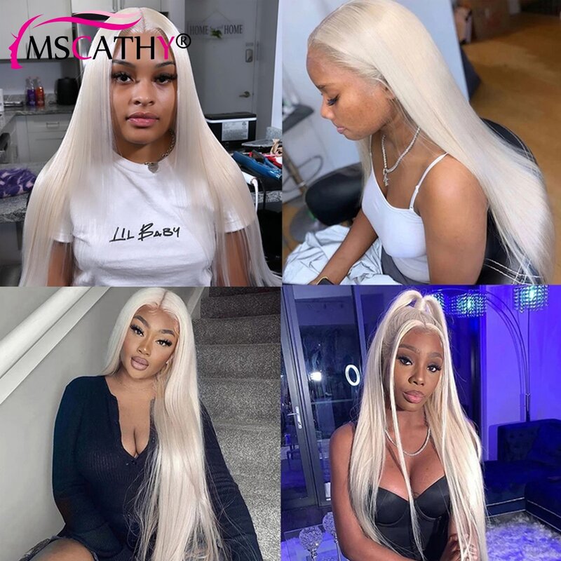 Mscathy Long Straight Wig for Women White Blonde Lace Front Wig Human Hair 100% Brazilian Virgin Frontal Wigs 100% Human Hair