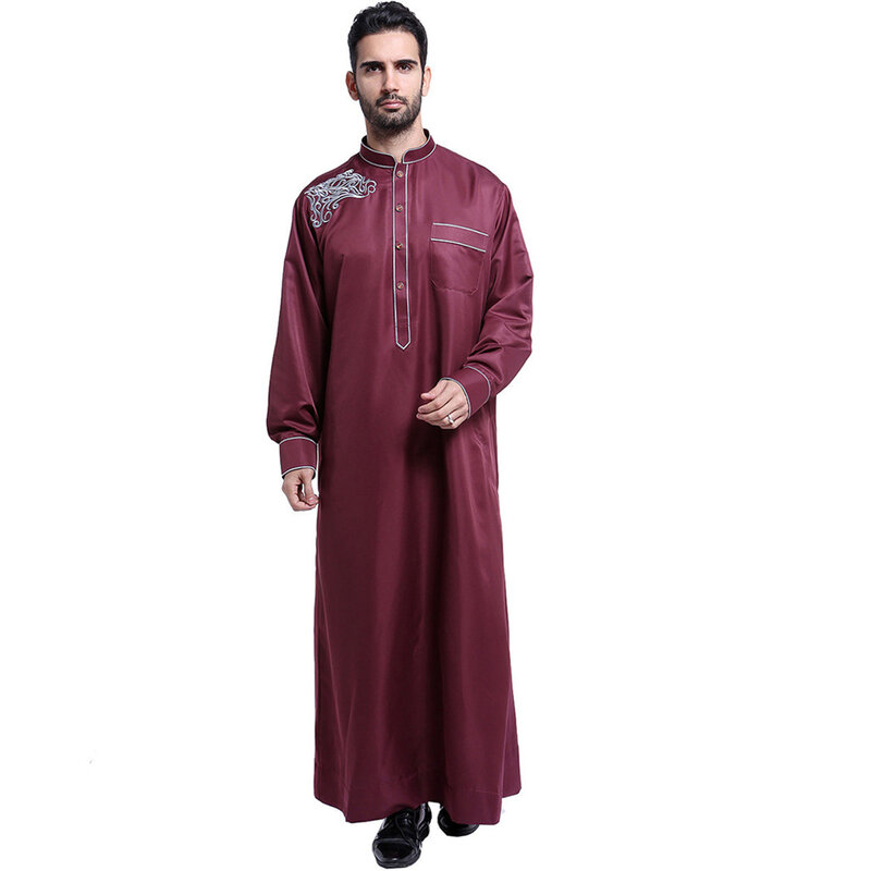Dubai Muslim Saudi pria Jubba Thobe Islam pakaian Ramadan Abaya gamis lengan panjang Jubah pakaian Muslim Kaftan Jubah gaun Arab
