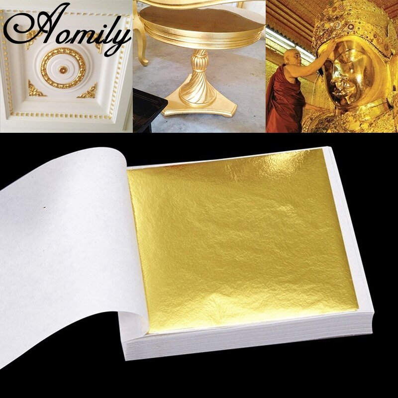 Aomily 9x9cm 100 folhas práticas k puro brilhante folha de ouro para dourado funiture linhas artesanato parede decoração dourada