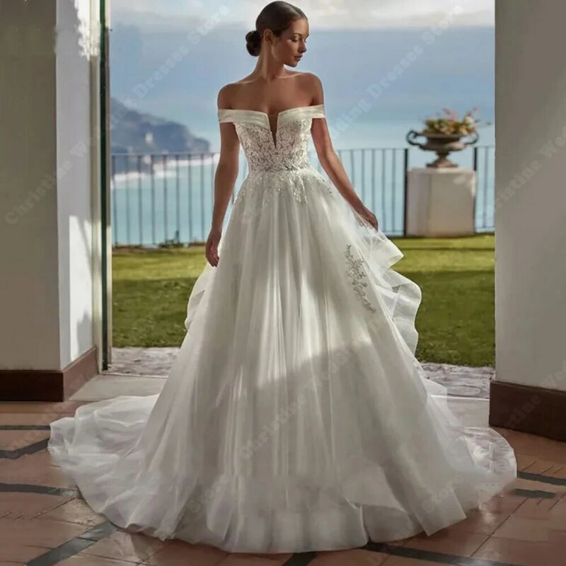 Gaun pengantin tanpa lengan Bohemian wanita Off The Shoulder A-Line 2024 gaun pengantin panjang pel buatan kustom Putri Vestido De Novia