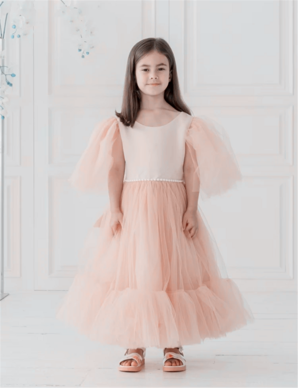 Suknia komunijna różowa anielska sukienki dla dziewczynek satynowa tiulowa bufiasta opaski na głowę z kokardką i perełką bez rękawów ślub dzieci przyjęcie urodzinowe księżniczka