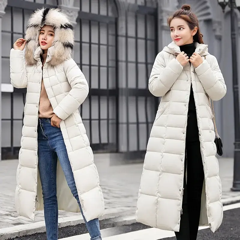 Новинка 2023, зимняя куртка, женское теплое модное пальто с воротником из лисьего меха и бантом на поясе, длинное платье, женское плотное пальто