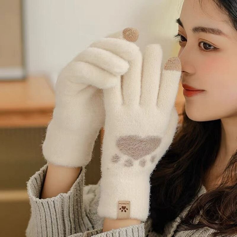 Modne rękawice z nadrukiem łapa kota ekran dotykowy do telefonu rękawiczki z dzianiny zimowe grube i ciepłe rękawiczki dla dorosłych miękkie puszyste dla kobiet