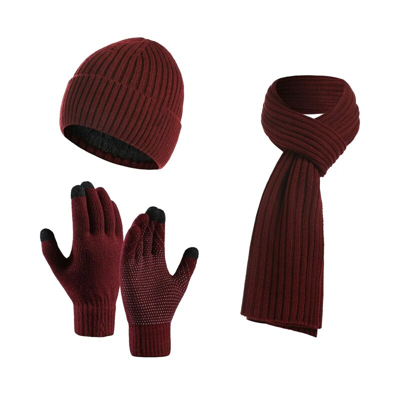 男性と女性のための増粘プラスウールネック保護キャップセット、帽子、スカーフ、タッチスクリーン、手袋、暖かい、屋外、乗馬、3個、冬