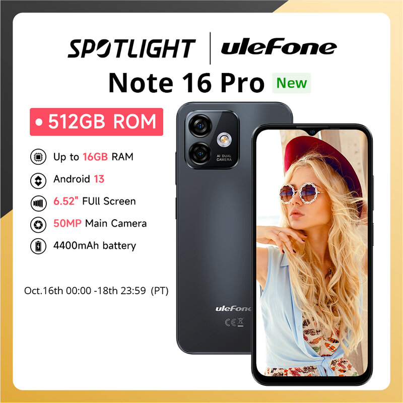 Ulefone-Note 16 pro 4gチェロ,最大16GBのRAM, 512GBのROM, Android 13,50mp,6.52インチ,4400mAh, GPS,グローバルバージョン
