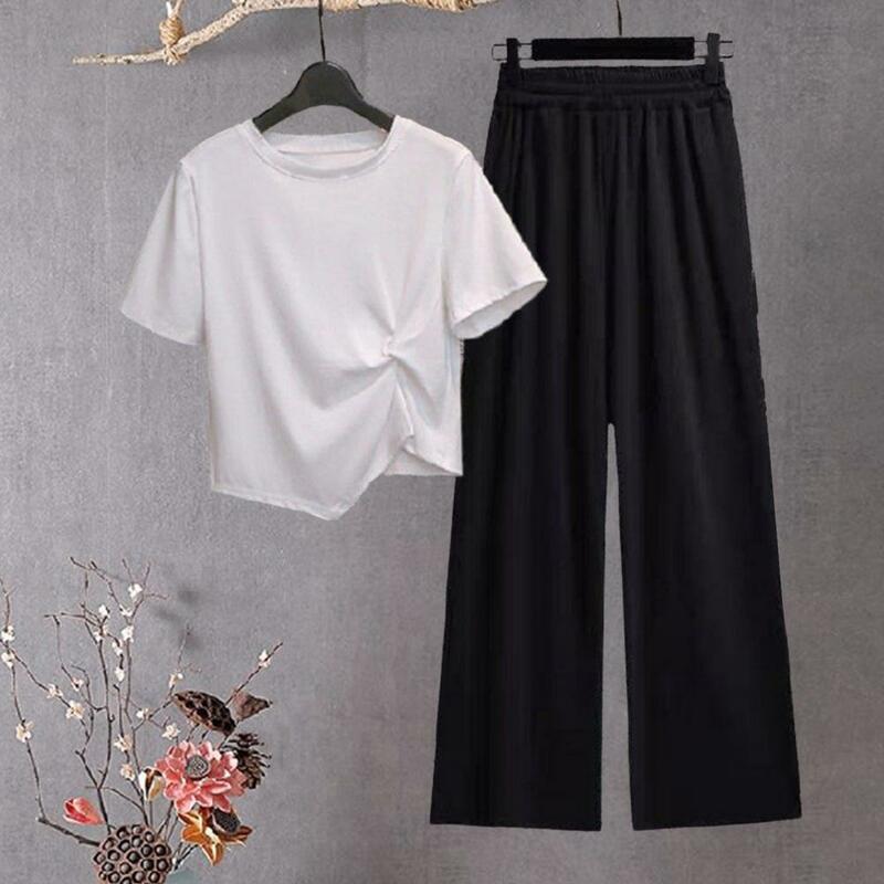 2023 Summer New Irregular Short Sleeve Top+Casual Pants Two Piece Women's Tracksuit Suit Korean Elegant Sportswear Matching Set